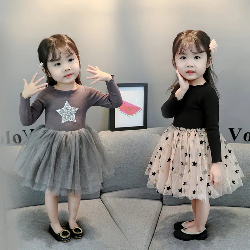 

2019 Autumn New Long Sleeve Children Dress Flower Girls Wedding Party Princess Dress Pentagram Star Lace Tutu Gray Black Dress
