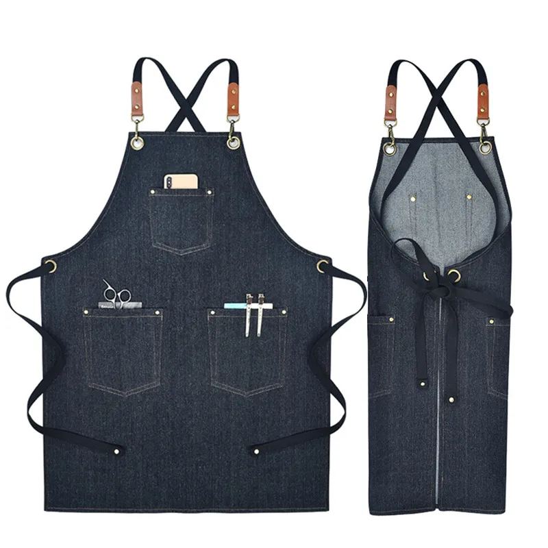 

Black Blue Denim Apron Crossback Strap Florist Barber Work Wear Barista Cafe Bartender Restaurant Bakery Pastry Chef Uniform E72