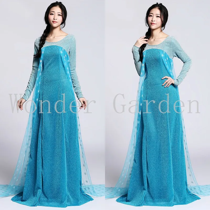 New Snow Queen Adult Elsa Blue Dress Gown Halloween Cosplay Costume Cape With Stars