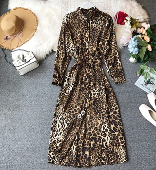 

2019 Women Leopard Print Long Dress Ankle Length Office Lady Bow Tie Sashes Long Sleeve Turn-down Collar Ladies Chic Vestidos