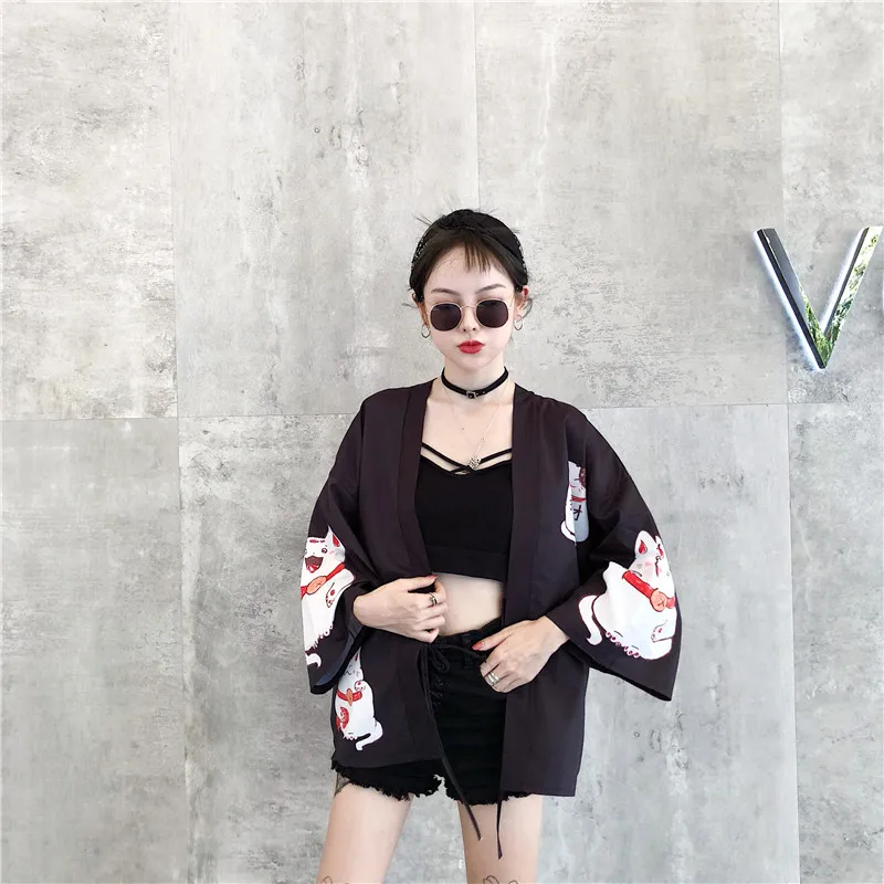 Манеки Неко японский стиль Кот приносящий удачу кимоно Haori Yukata рубашка для женщин девочек Шикарный ретро традиционный пляжный костюм летняя мода