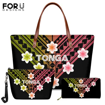 

FORUDESIGNS Gradient Tonga Polynesian Tattoo Hawaii Hibiscus Printing Luxury Women 3set Handbag Girls Long Wallet And Tote Bags