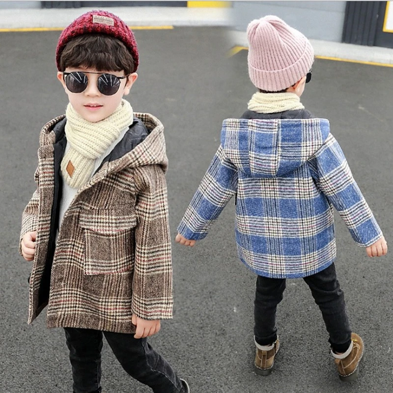 Children's Thickened Woolen Overcoat Fall Winter New Boys Fashion Plaid Hooded Trench Coat Baby Kids Casual Jacket Outerwear B358