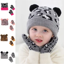 2021 Kids Winter Set Leopard Knitted Pom Pom Hats And Gloves Sets 2pcs Lovely Tiger Pattern Jacquard Wool Hat Beanie Cap 0-3 Y