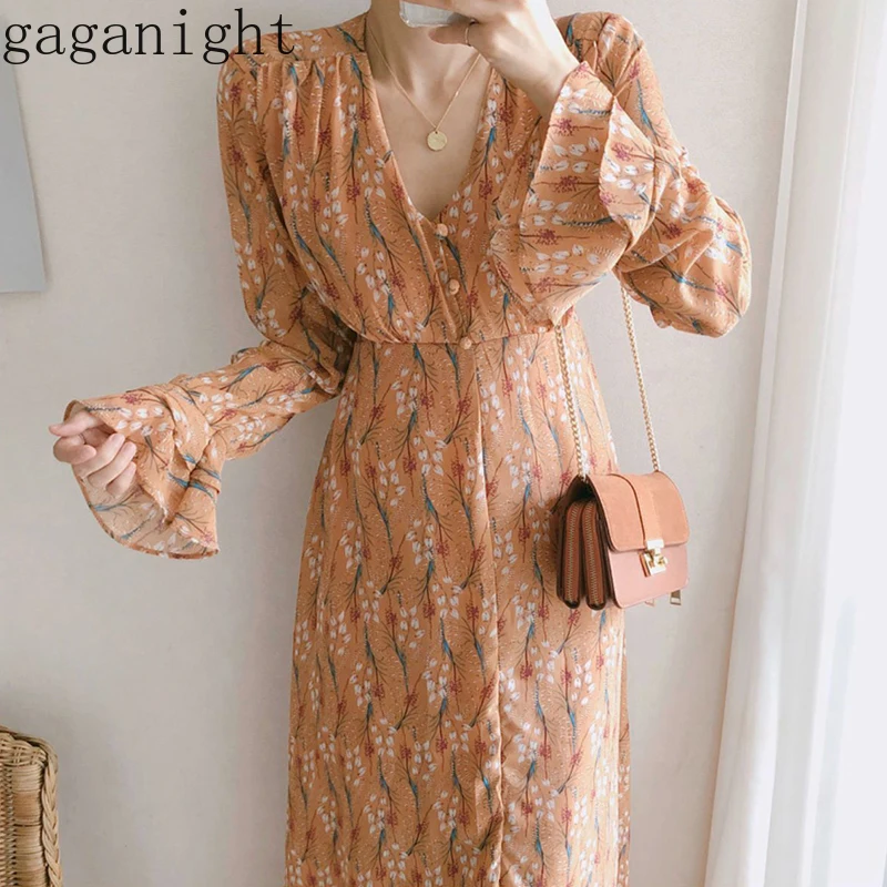 

Gaganight Sweet Floral Women Maxi Bodycon Dress Ruffles Long Sleeve V Neck Chiffon Lady Holiday Dresses Slim Fashion Vestidos
