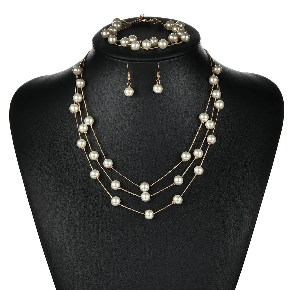Imitation Pearl Jewelry Set Simulated Pearl Double Layer Women Earrings Necklace Bracelet Sets for Wedding N271