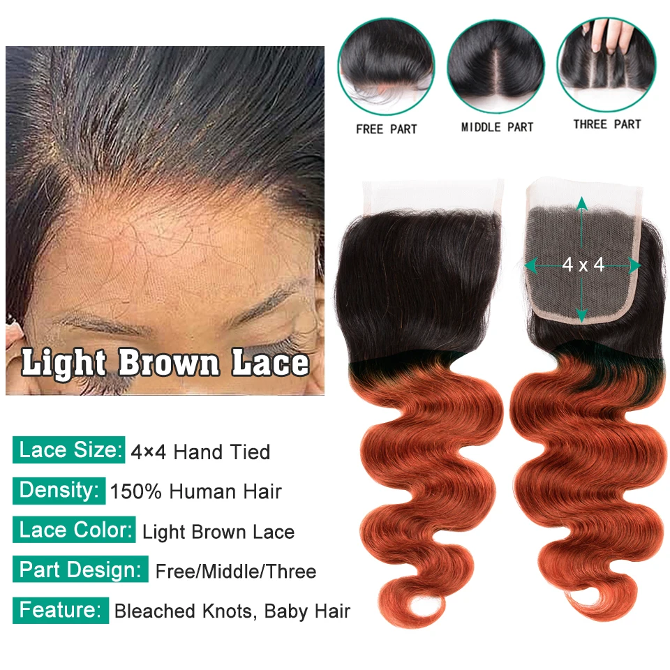 Sexay Burnt Orange Human Hair Bundles With Closure Ombre 1B/350 Remy Brazilian Body Wave Hair With Frontals 3 Pcs With Closure