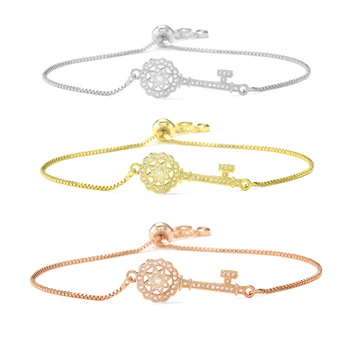 

CZ Zircon Crystal Key Charm Bracelet Copper Chain Rose Gold Color Flower Key Charm Bracelets for Women Jewelry