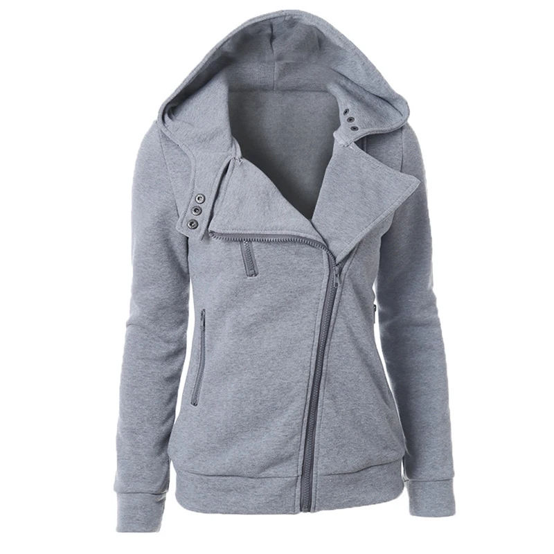 Skateboarding Hoodies Woman Autumn Winter Lapel Zipper Outerwear Female Solid Color Hooded Oblique Zip Skateboarding Hoodies - Цвет: light gray