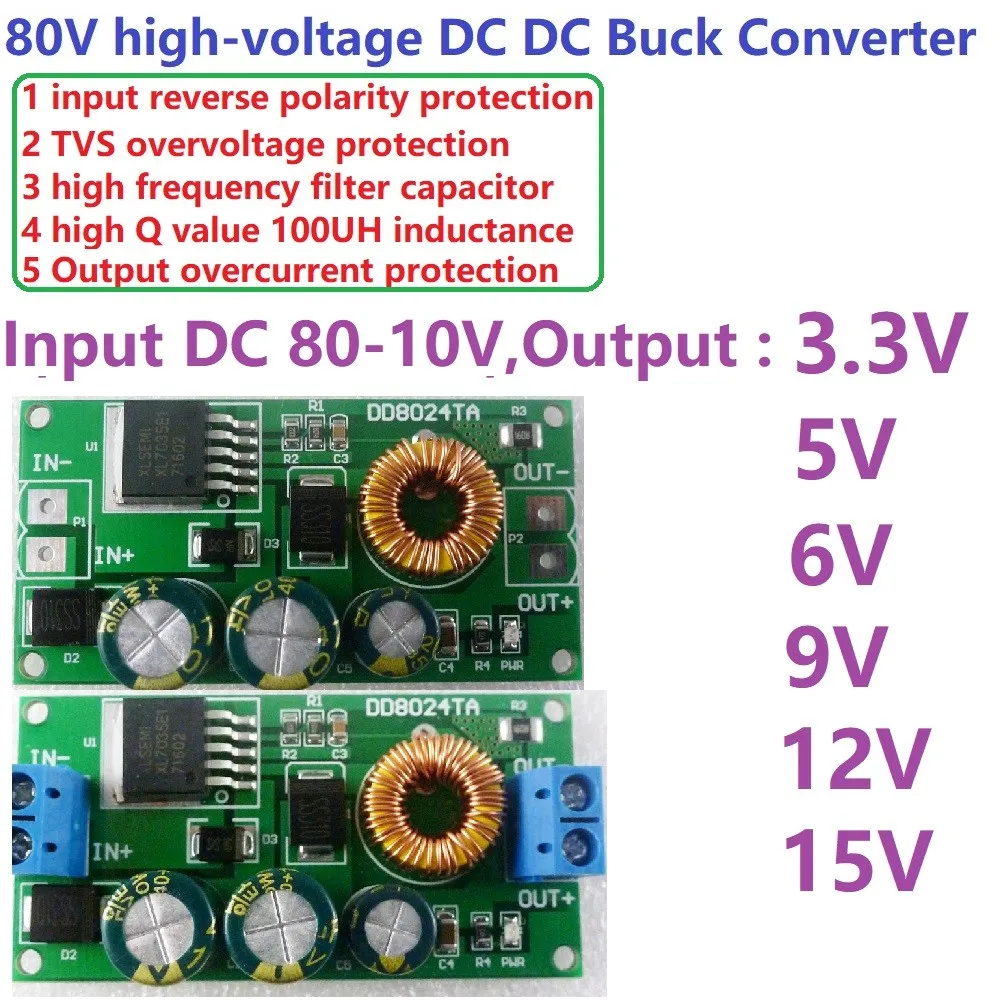 High-Voltage DC-DC Converter Buck Step-Down Regulator Module 80V 72V 64V 60V 48V 36V 24V to 15V 12V 9V 6V 5V 3.3V LED Driver |