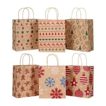 

Cabilock 24pcs Christmas Kraft Bags 6 Patterns Christmas Paper Bags Portable Festive Xmas Party Gift Bags with Handle for Christ