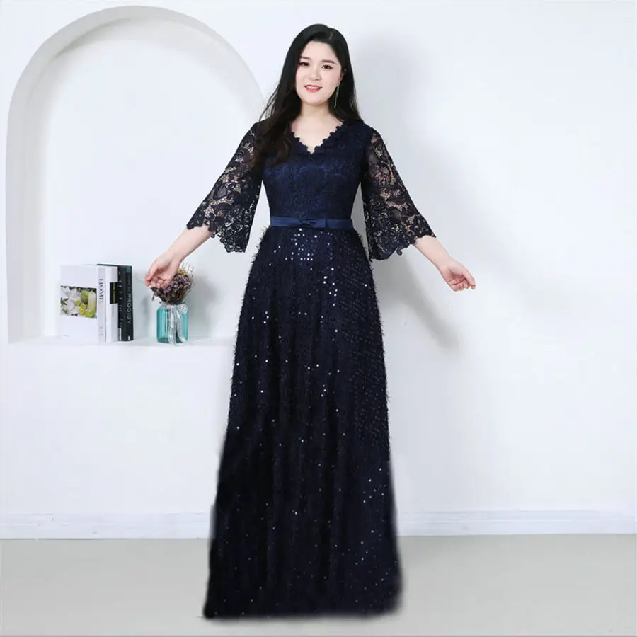 Prom Dresses Plus Size Navy Blue Lace Prom Gown Vestidos De Gala T383 New Stylish V-neck Lace Up Dresses Women Party Night
