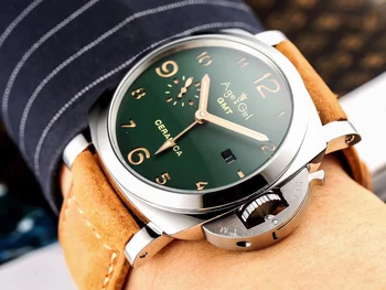 

47mm Classic New Men Automatic Mechanical Sapphire Stainless Steel Brown Leather 1950 3 Days Luminous GMT Black Watch