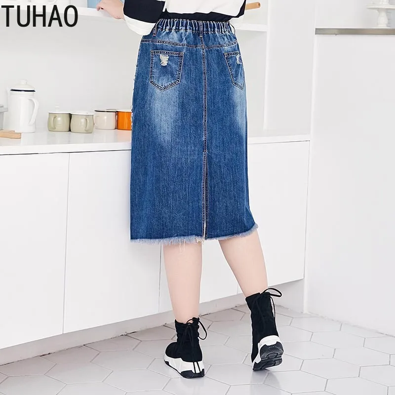 Женская джинсовая юбка большого размера TUHAO 7XL 6XL 5XL,, эластичная юбка с высокой талией, милая Повседневная Женская Джинсовая длинная юбка WM3