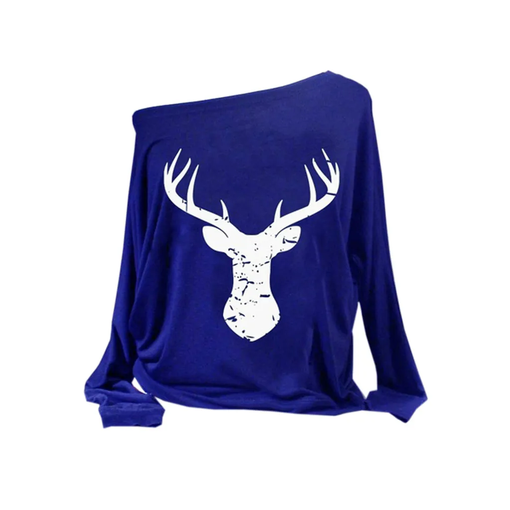 Z30 Рождественская рубашка женская повседневная с принтом оленя, с заниженным плечом, с длинным рукавом, блузка для женщин, плюс размер, топы, блузы, пуловеры, свободные блузки
