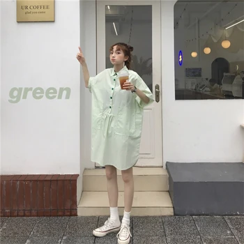 

Plus Size Loose Cute Dress Vintage Cotton Lace Up Casual Loose Vestidos Mujer Elegant Preppy Dress Button Vintage 2020 Spring