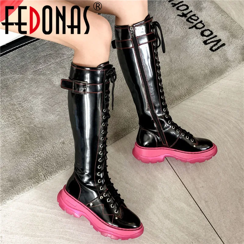 

FEDONAS Punk Genuine Leather Women Knee High Boots Winter Warm Flats Platform Riding Boots Chunky Heels Night Club Shoes Woman