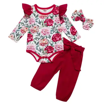 

Kids Baby Girl Floral Outfits Clothes 3Pcs Ruffles Flower Shirts+ Pants+Headband Sets Autumn Kids Girl Sets