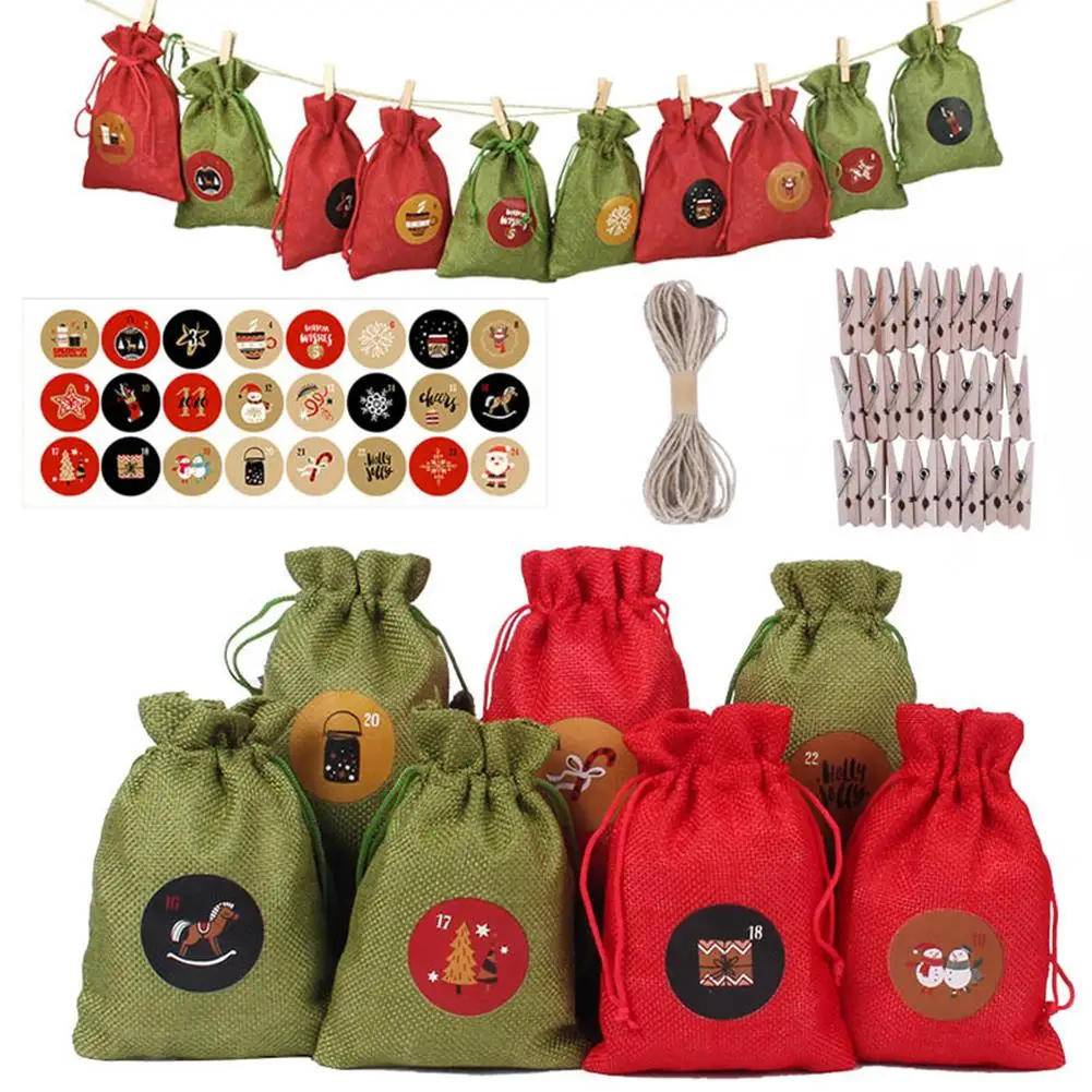 

24pcs/set Linen Gift Bags Colorful Christmas Candy Pouch Xmas Decoration Sacks Clip Rope Stickers Sets Party Festive Supplies