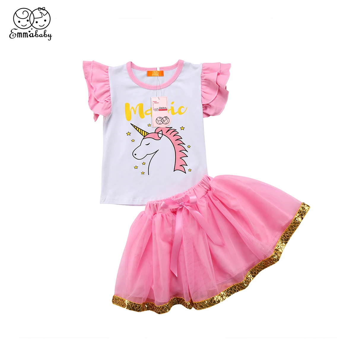 Girls Printed Outfits Clothes Set Ruffle Sleeve T-shirt Tops Pink Tutu Dress Skirt 2PCS Sets | Мать и ребенок