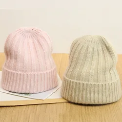 Rabbit Fur Wool Beanies for Women Winter Hats Warm Vertical Pattern Knitting Hat Solid Color Pullover Couple Curled Woolen Cap