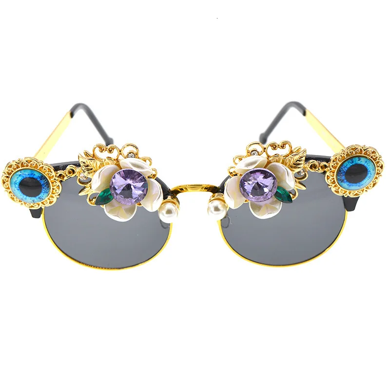 Handmade High Quality Luxury Rhinestone Sunglasses Women Flowers Party Beach Female Flower with Pearl Round Sun Glasses Shades