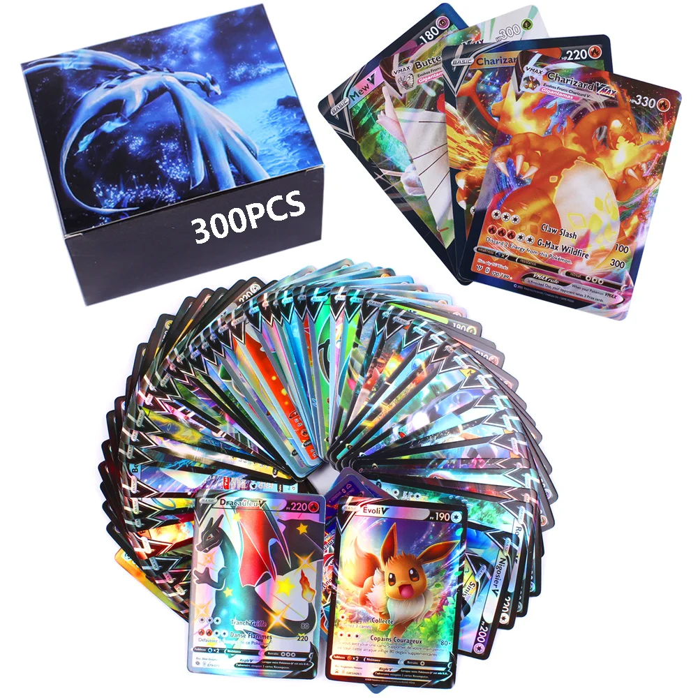 Tarjeta de pokemon No repetida para niños, equipo de etiqueta versión en francés e inglés, serie V Vmax, EX Mega brillante, regalo de Navidad, 20-300 Uds.