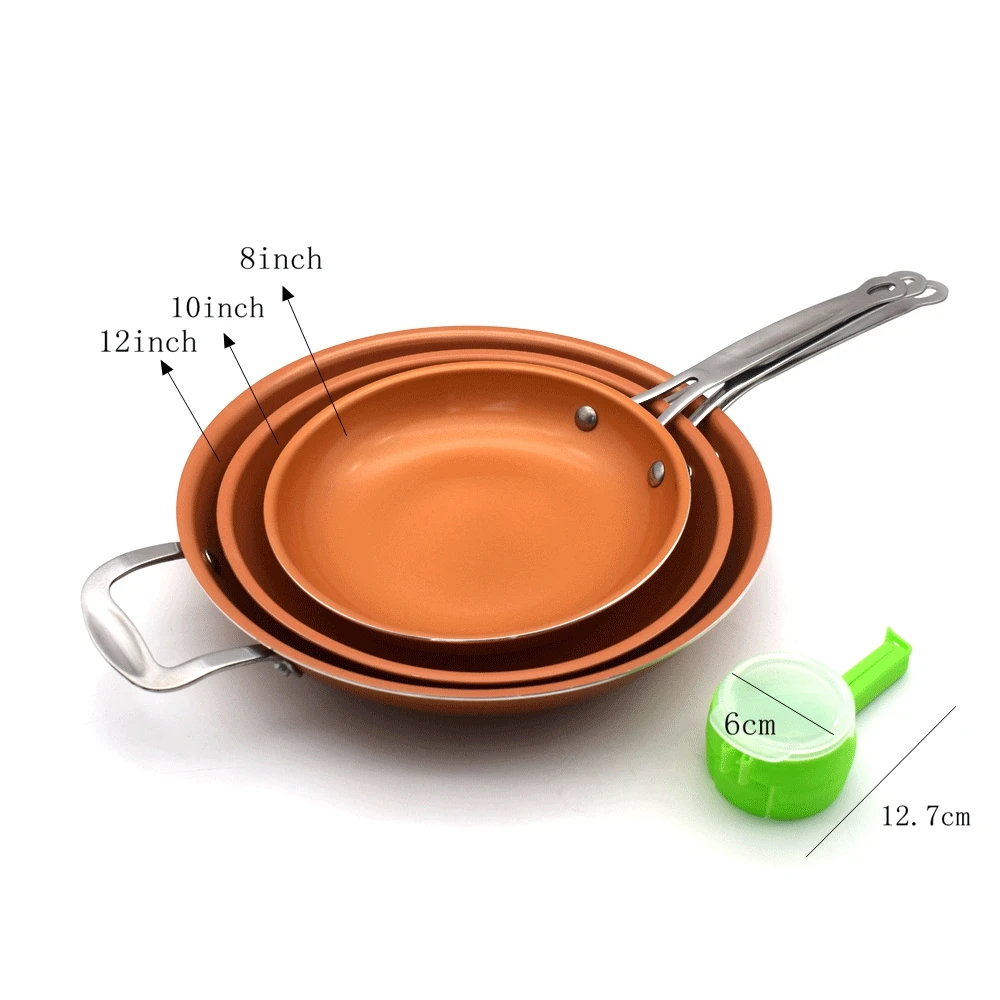 

a Set 8/10/12 inch Non-stick Copper Frying Pan with Ceramic Coating and Induction cooking+1 pc Utility Healthy Food