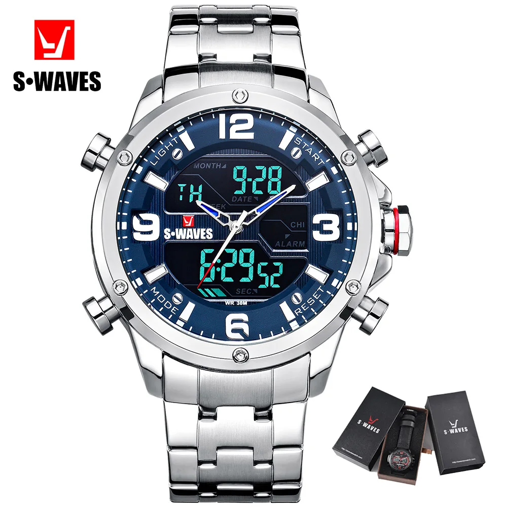 SWAVES Quartz Watches Mens 2019 Analog Digital Clock Relojes Hombre Stainless Steel Waterproof Unique Army Men Watch With Box afbeelding