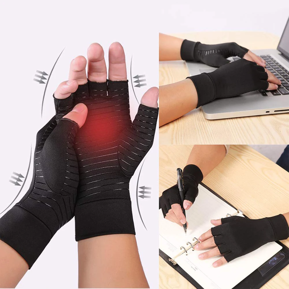 Aptoco Copper Fit Arthritis Compression Gloves Improve Circulation Comfortable Open Finger- Tip Fit For Carpal Tunnel Tendonitis