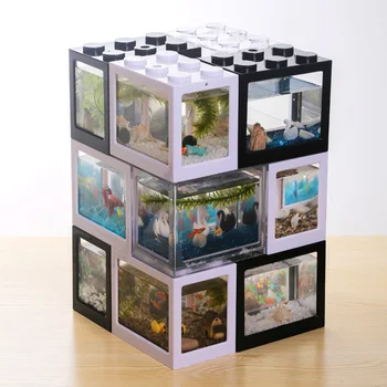 

Mini Fish Tanks Betta Fish Tank Aquarium Tank Building Block Fish Bowl Office Home Decor Table Decoration Feeding Box LED Light