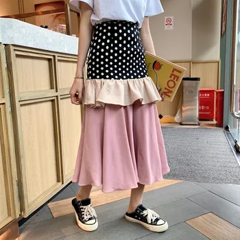 

ZCWXM Polka Dot Splicing Fashion Women Skirt Spring 2020 Ruffles Patchwork Korean Long Skirt Vintage High Waist Faldas New