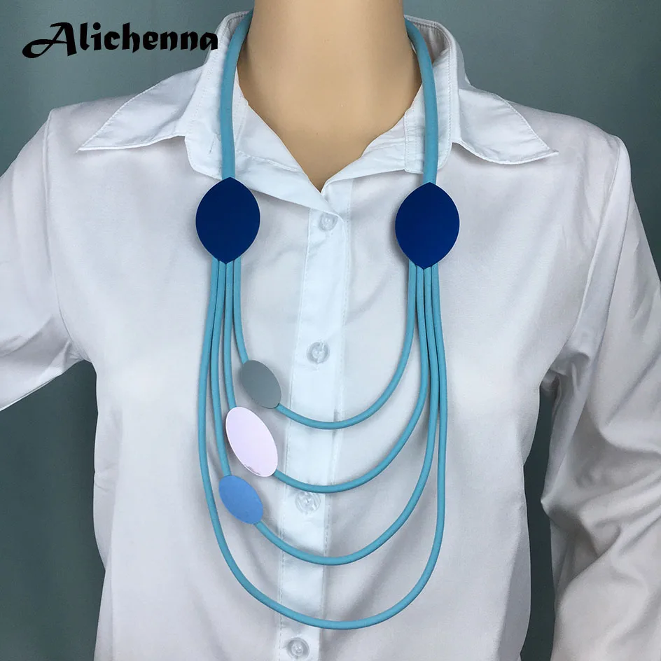 light-blue B Модное геометрическое ожерелье из алюминиевого листового материала, Женское Ожерелье OL в стиле панк, длинное ожерелье ручной работы с резиновой кожаной веревкой - Окраска металла: light-blue B