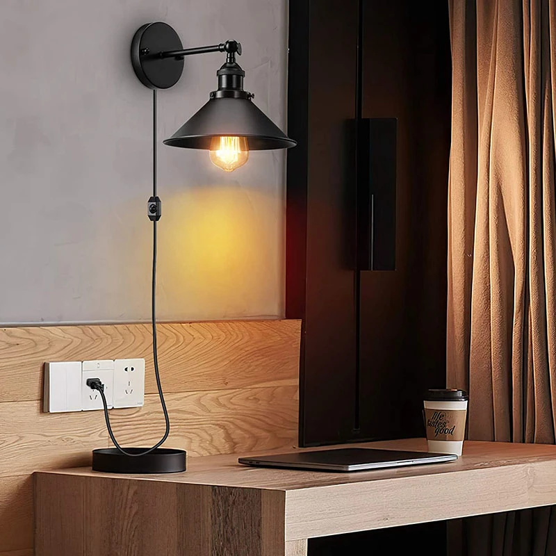 Vinatge Loft Wall Light Industrial Plug in 1.8M Cord Black E27 Living room Bedroom Fixtures wall light led wall lamp