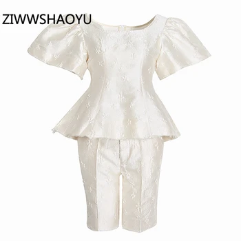 

ZIWWSHAOYU Women Fashion Summer Office Suits Embroidery Puff Sleeve Tops And Ladies Solid Straight Pants 2 Two Piece Set