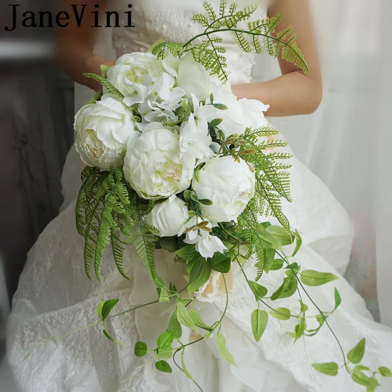 JaneVini Droplets Style Wedding Bouquets Artificial White Peonies Waterfall Bridal Bouquet Green Leaves Pearl Lace Bride Flowers