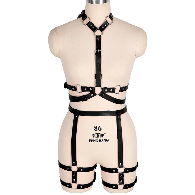 

Sexy Leather Chest Sculpting Harness Bra Body Bondage Leg Garter Belt Stocking Women Gothic 2 Piece Set Lingerie Nightclub Rave