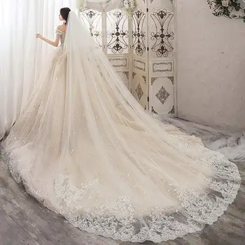 

New Custom Made Bridal Veil 3M Long Beads Lace Applique Cathedral Two Tiers Wedding Veil with Comb