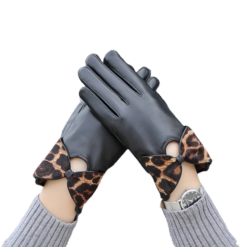 Winter Genuine Leather Warm Driving Gloves Women Novelty Leopard Print