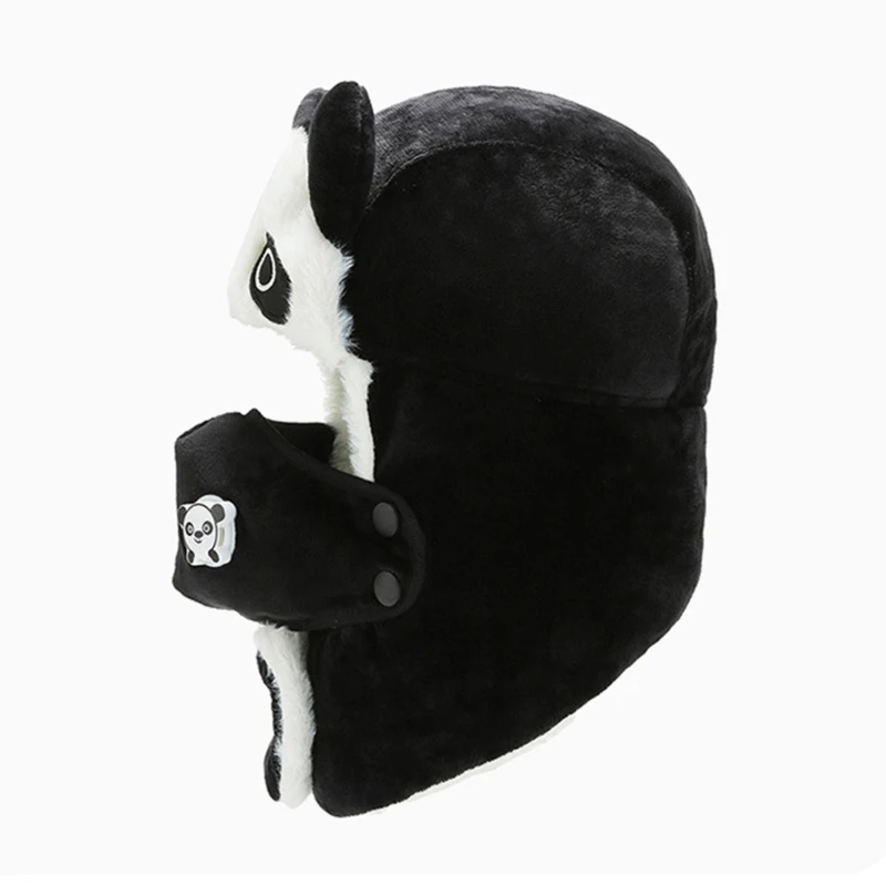 sheepskin flying hat 2022 Hot Sale Children's Winter Warm Hat Cute Panda Earmuff Bomber Hat Boy Girl Plus Velvet Thick Beanie Hat best men's bomber hats