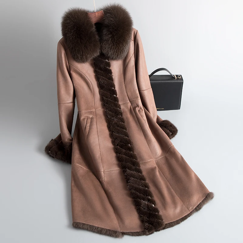 Brown Natural Rabbit Fur Coat Female Vintage Real Fox Mink Fur Collar Jacket Women Clothes Korean Streetwear Shearling Coats 1113 - Цвет: Brown
