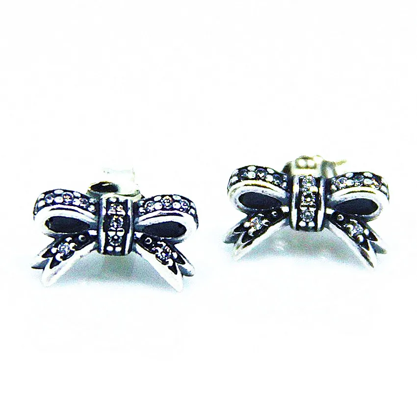 Sparkling bow Серьги из серебра 925, ювелирное изделие, серьги-гвоздики в форме сердца для женщин, подарок, настоящее 925 пробы, серебряные серьги, E037 - Окраска металла: Sparkling bow