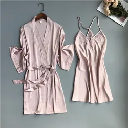 Spring Summer Women Satin Robe & Gown Sets Sexy Lace Sleep Lounge Sleeveless Sil Nightwear Bathrobe+Night Dress Chest Pads