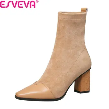 

ESVEVA 2020 Flock Cow Leather Patchwork Square Heel Women Shoes Autumn Winter Fashion Antiskid Slip on Ankle Boots Size 34-42