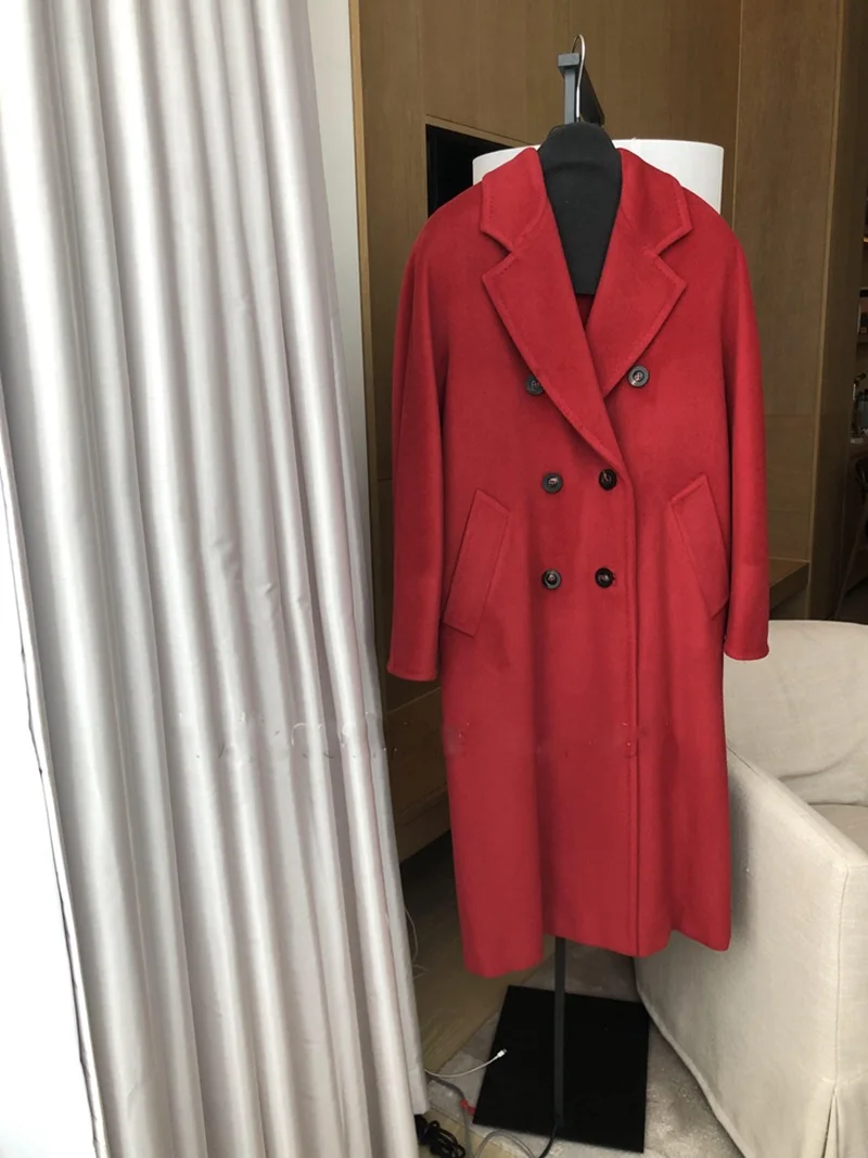 Зимнее женское модное повседневное длинное дизайнерское шерстяное кашемировое шерстяное пальто - Цвет: Красный