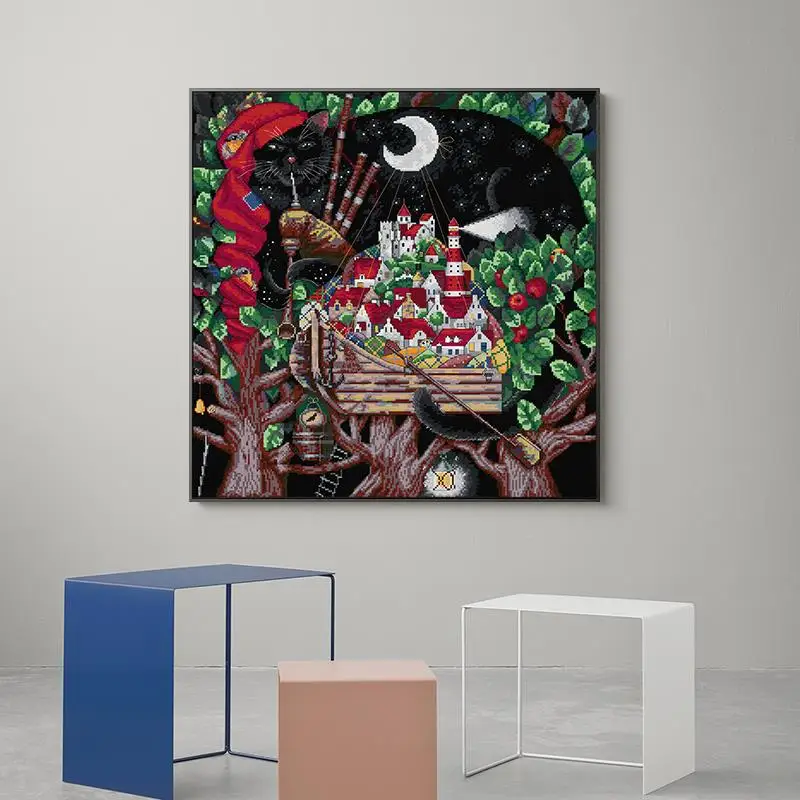 Cross Stitch Kit Cross Stitch Tools Joy Sunday The flute at night Cross stitch kit DIY black cat pattern 11CT 14CT counted needlework embroidery set Home decoration