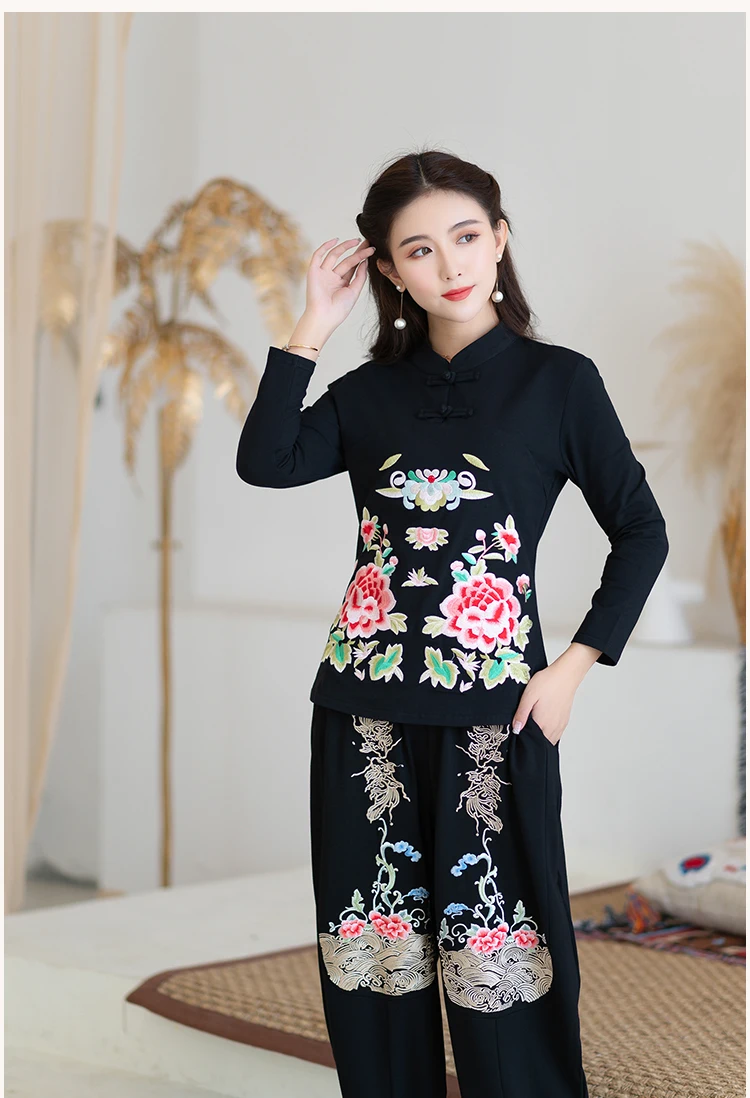 KYQIAO blusa feminina Женский Осенний Традиционный китайский стиль воротник стойка зеленый черный красный цветочный Вышивка блузка рубашка