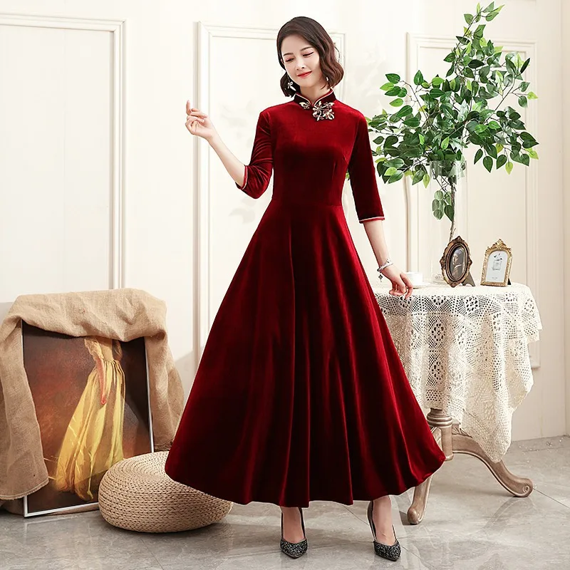 Винтажное велюровое традиционное женское платье Cheongsam с воротником-стойкой, китайское свадебное платье для невесты, платье размера плюс 3xl, новинка, Vestidos