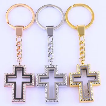 

3 Colors Corss Magnetic Rhinestone Living Glass Memory Locket Key Chains Floating Locket Key Ring Boyfriend Gifts