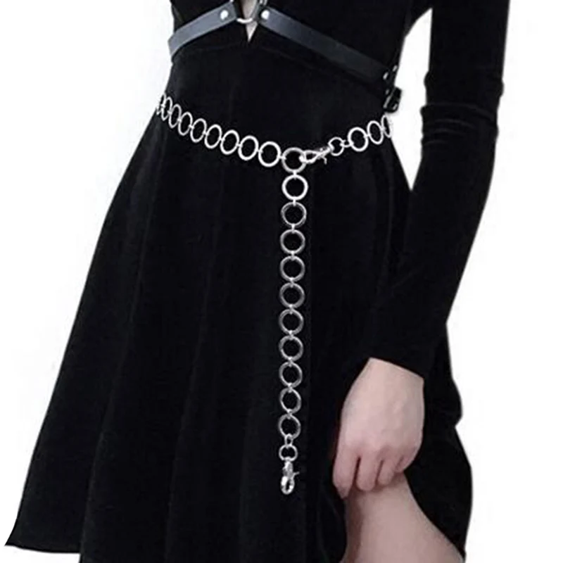Корейское модное серебряное платье с цепочкой на талии для девочек, украшенное металлическим поясом и круглым кольцом, женское платье, украшение